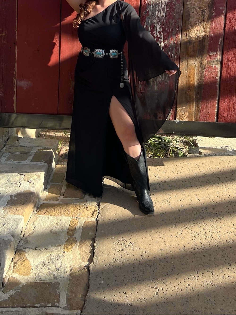 One-Shoulder Black Maxi Skirt with High Side Slit